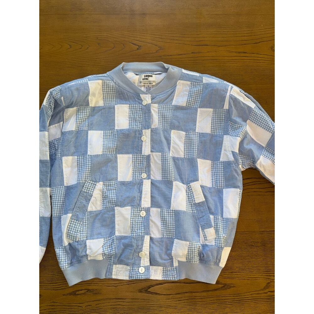 Vintage London Fog Patchwork Bomber Jacket M Blue Gingham Cotton Shoulder Pads - Picture 12 of 12